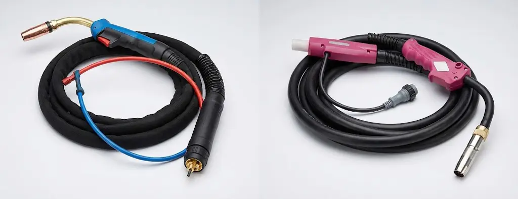 元孚深科MIG/MAG焊机配件：黑色欧式水冷焊枪与红色日式松下气冷焊枪线缆及枪体实拍对比