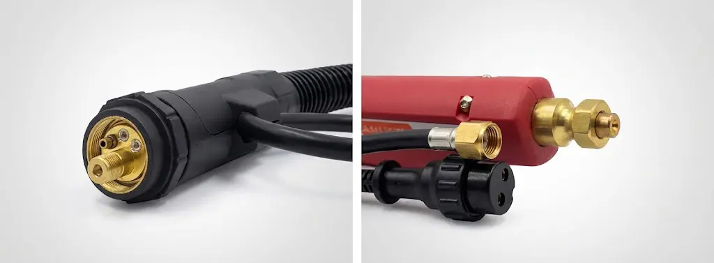 黑色欧式水冷焊枪中央接头与红色日式松下气冷焊枪分体接口细节对比_元孚深科Deeptech