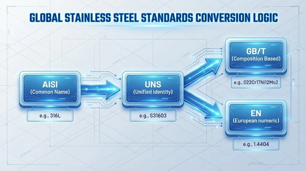 全球不锈钢标准转换逻辑图：展示AISI 316L如何对应UNS S31603，并关联至国标GB/T和欧标EN体系的流程示意。