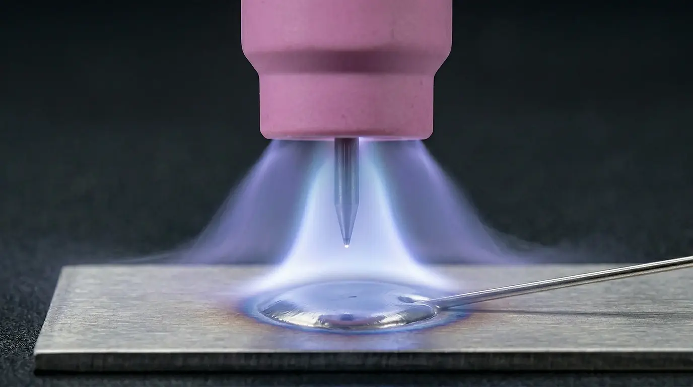 TIG焊接过程特写，展示保护气体在焊接熔池上方形成的透明气罩，有效隔绝大气污染